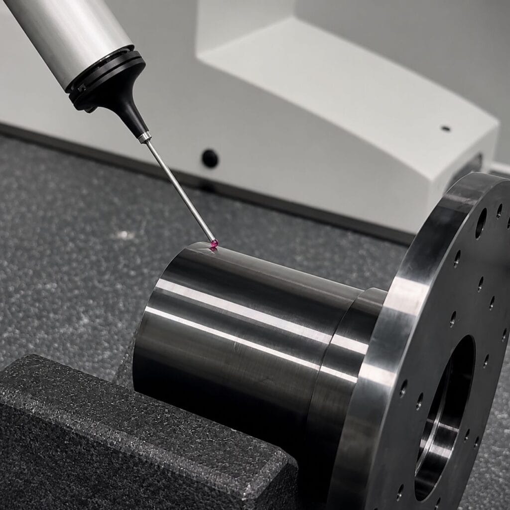 CMM inspection measuring a forged and CNC machined component to verify dimensional accuracy and geometric tolerances