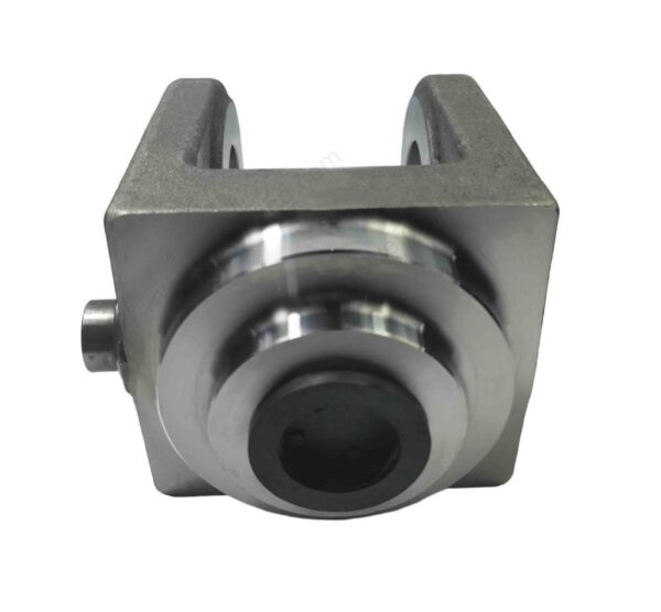 CNC machining process on fork lug forging showing precision boring operation