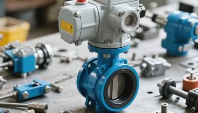 Precision valve and actuator assembly on a workbench, showing industrial components prepared for mechanical integration.