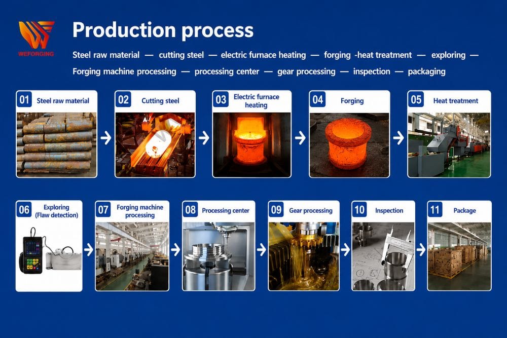 hot forging production process including billet heating forging heat treatment CNC machining and final inspection