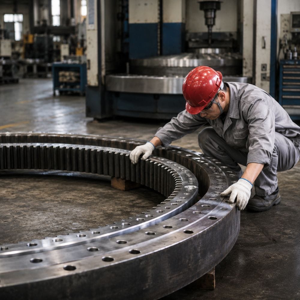 engineer performing mechanical assembly of large forged ring gear and slewing bearing components in industrial workshop