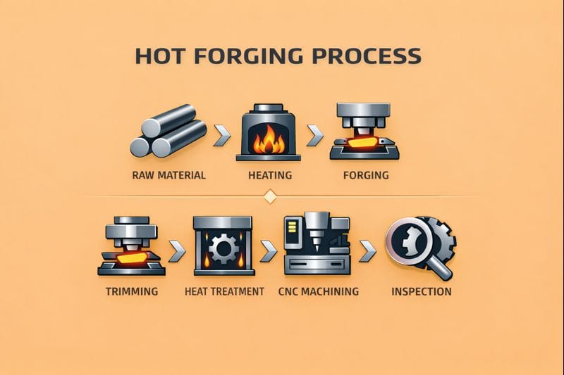 hot forging process flow showing heating forging heat treatment cnc machining and inspection by Weforging