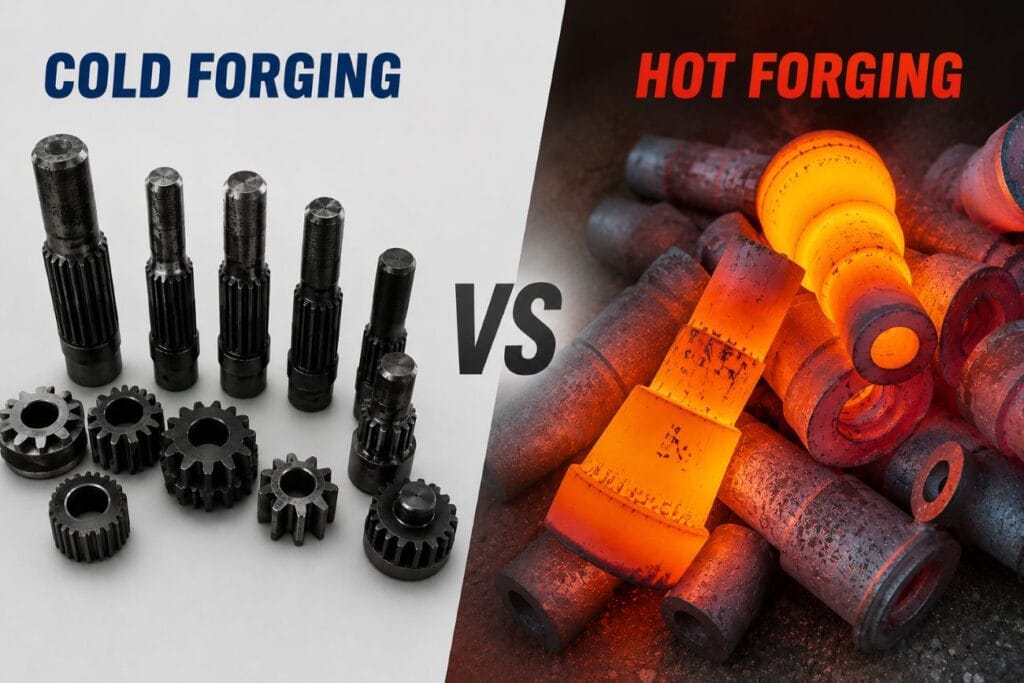 Comparison of hot forging and cold forging processes showing forged components used for industrial and OEM manufacturing applications