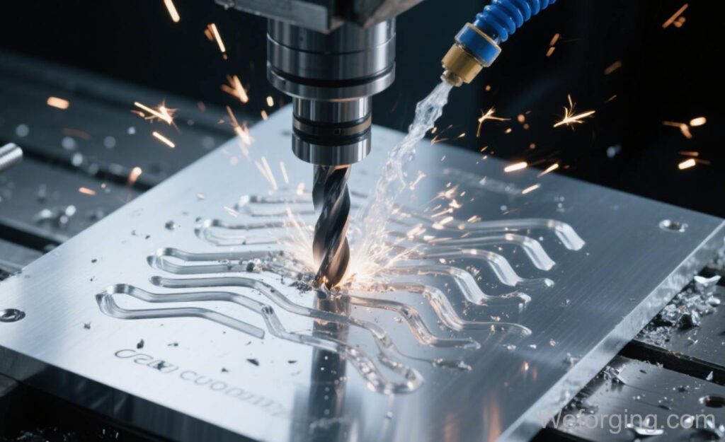 CNC precision machining drilling process with Mazak milling center producing high-accuracy metal parts
