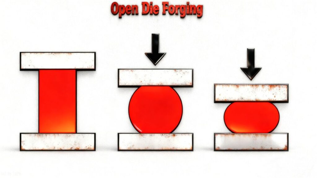 Diagram of open die forging process showing billet heating, forging under pressure, cooling, and post-processing.