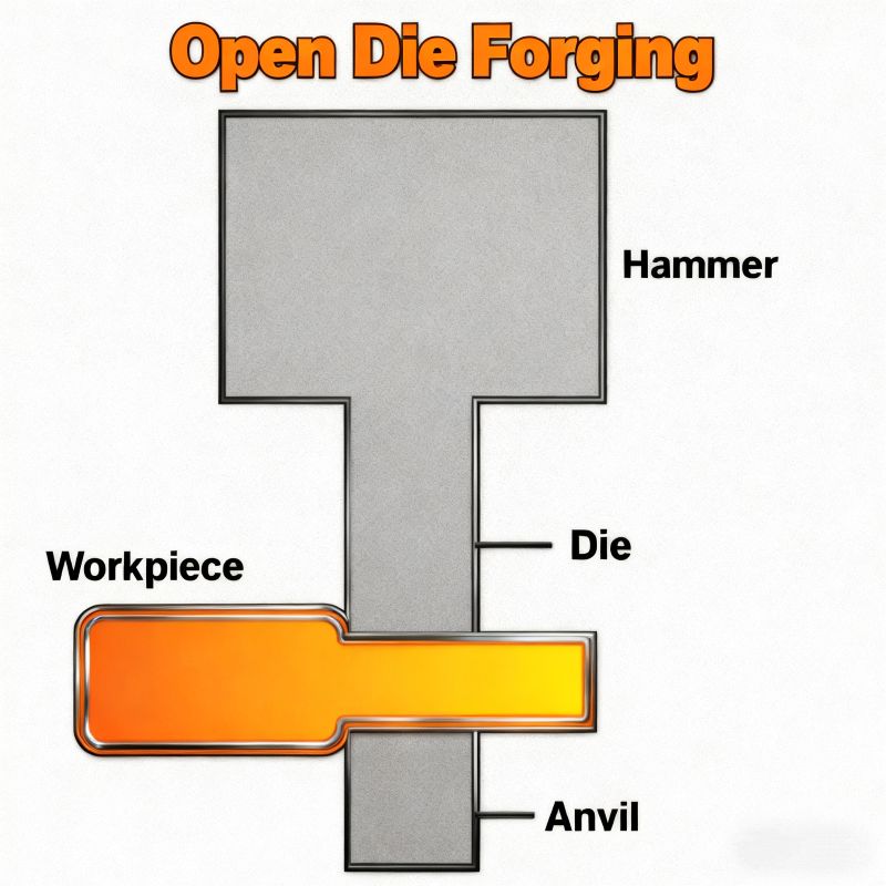 Open die forging diagram showing hammer, die, workpiece, and anvil for producing large custom forged parts.
