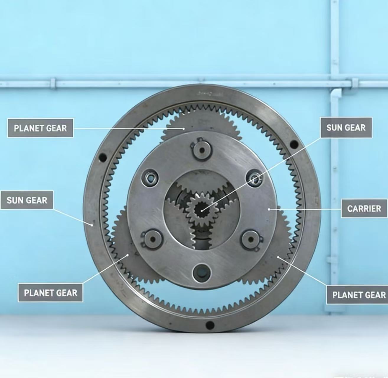 Sun gear in planetary gear system with ring gear, planet gears, and carrier for automotive and industrial applications