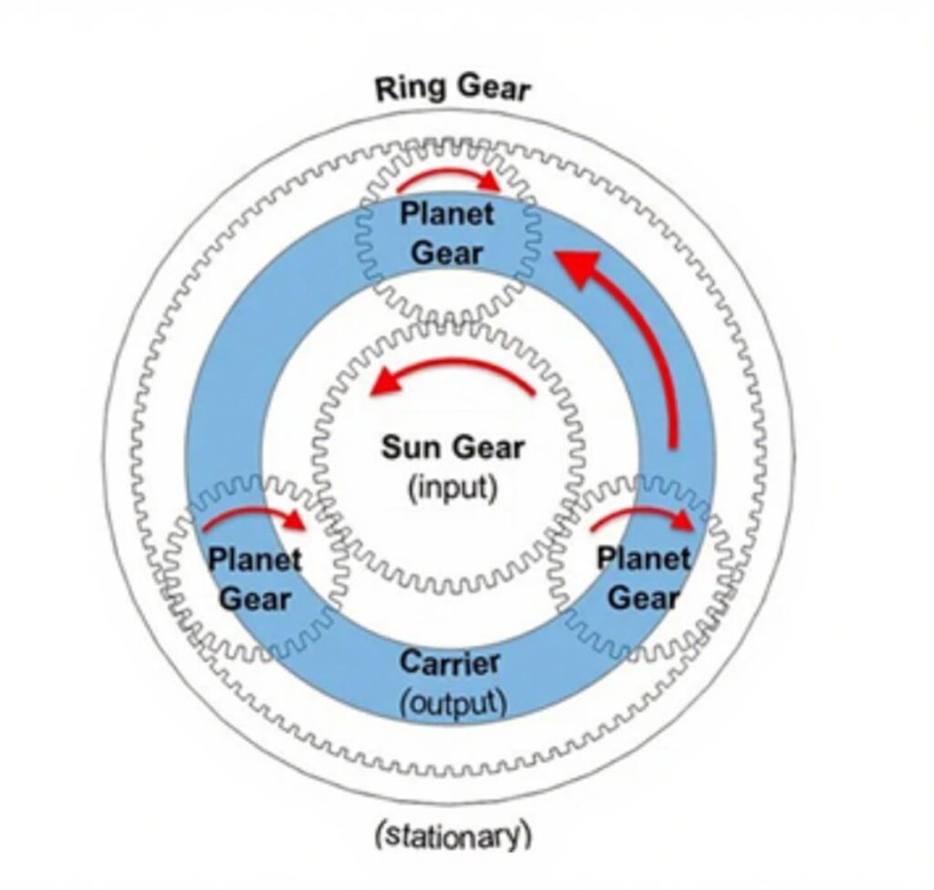 Sun gear in planetary gear system transmitting torque with planet gears, ring gear, and carrier