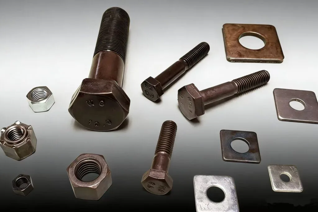 Mixed fasteners including bolts, nuts, and washers used for mechanical assembly