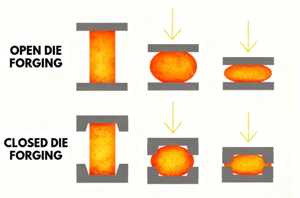 Comparison of open die forging and closed die forging processes, showing differences in material flow and die structure.