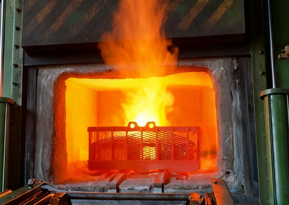 Forging heat treatment furnace with glowing steel under controlled temperature