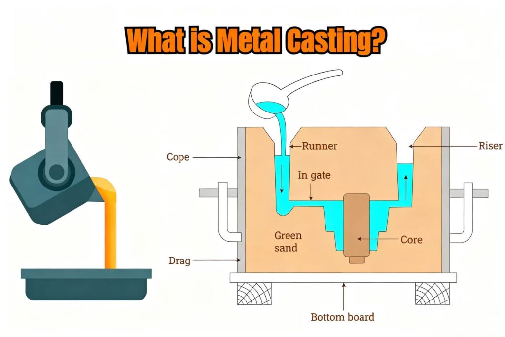 Metal casting process diagram showing molten metal pouring into sand mold