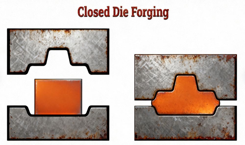 Closed die forging process with heated billet shaped inside impression dies