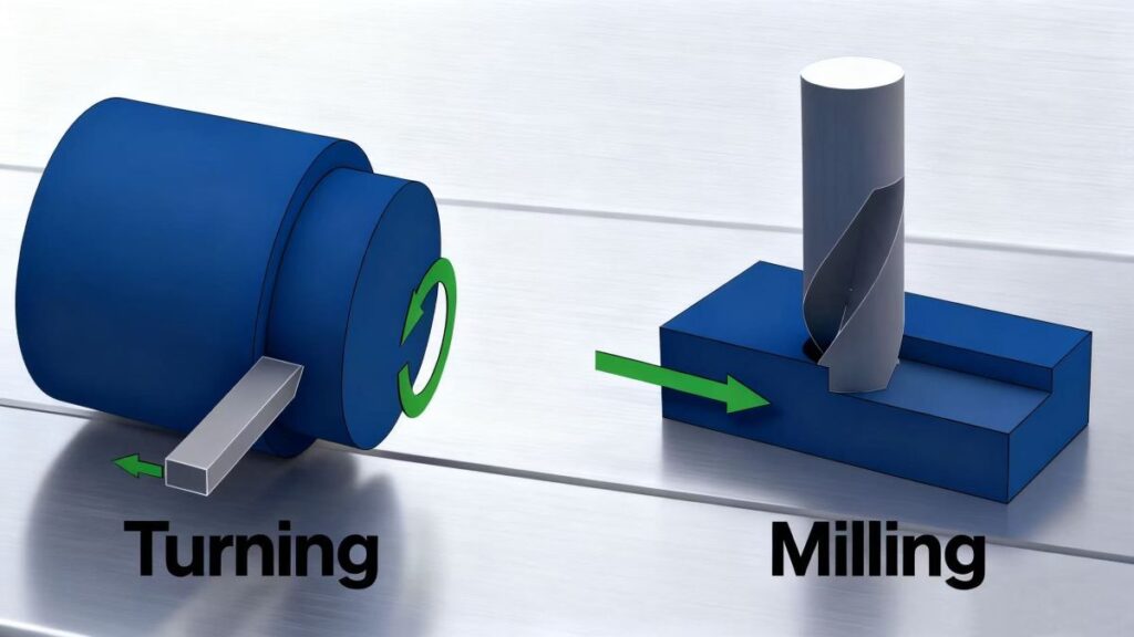 CNC turning vs milling process comparison showing motion difference between workpiece and tool