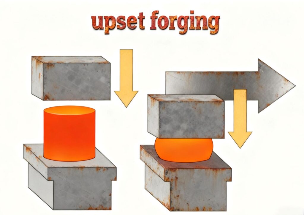 Upset forging process diagram showing billet compression and metal deformation steps