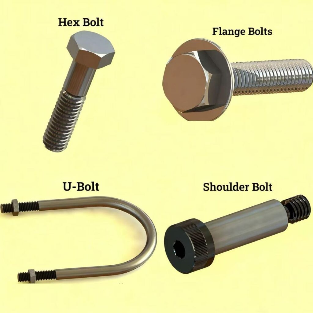 Different bolt types including hex bolt, flange bolt, U-bolt, and shoulder bolt for machinery and structural applications