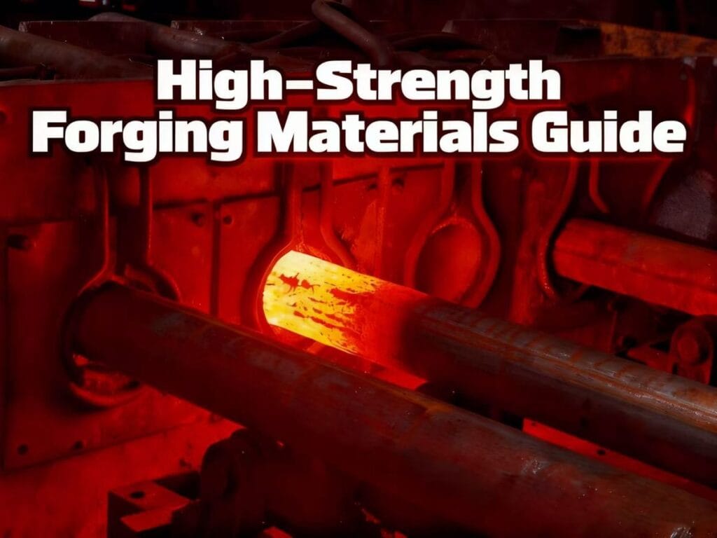 Hot forging process showing heated billet entering die cavity, illustrating high-strength forging materials used in industrial manufacturing.