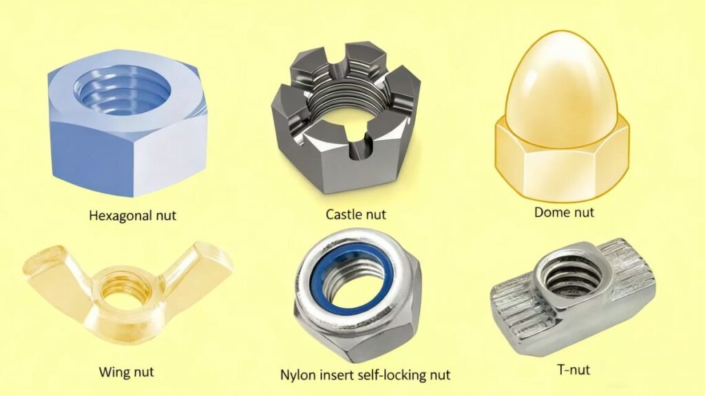 Different industrial nut types including hex nut, castle nut, dome nut, wing nut, nylon lock nut, and T-nut for machinery use