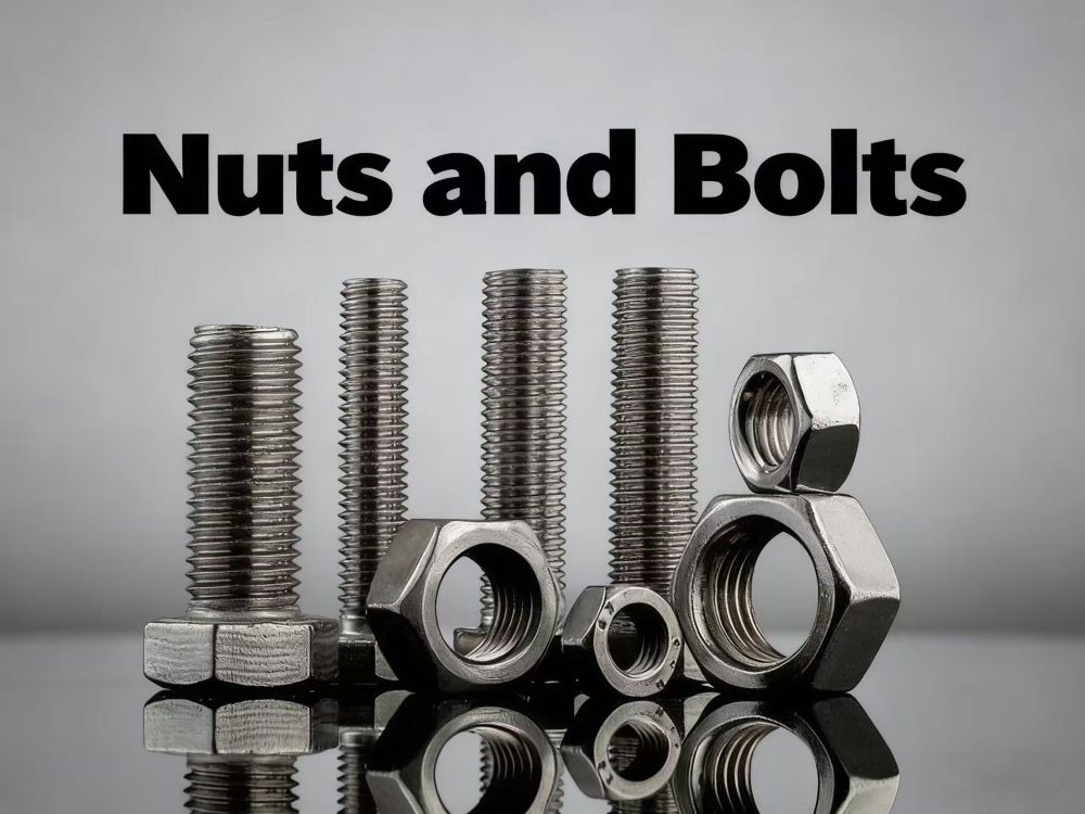 Industrial nuts and bolts arranged upright, showing different sizes for heavy machinery and engineering applications