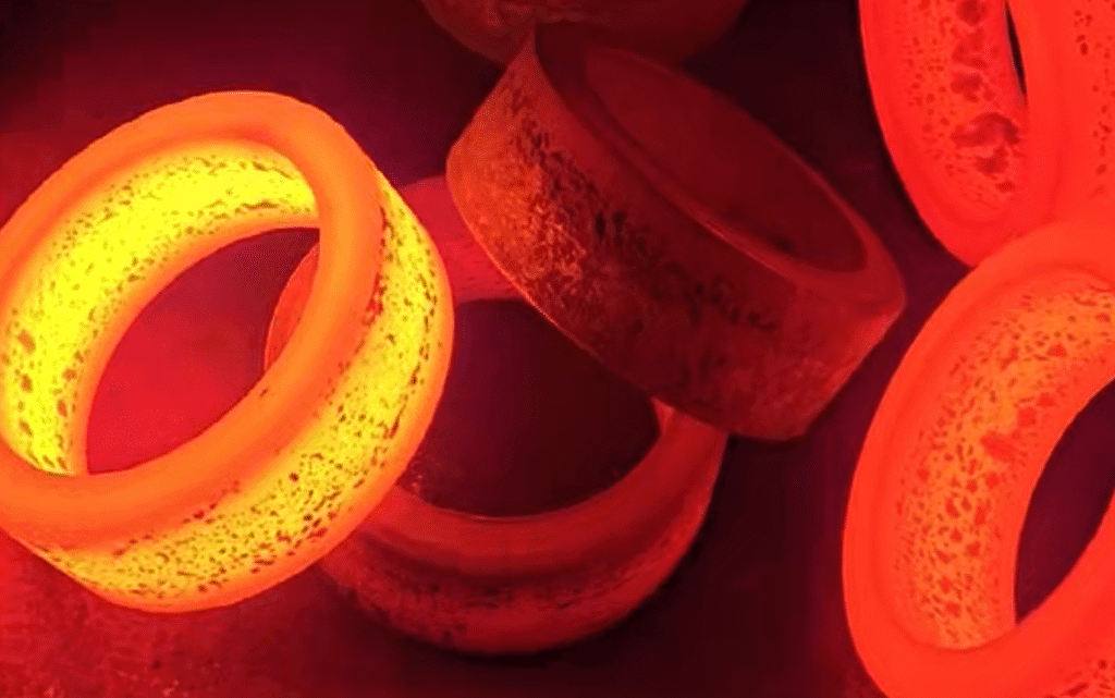 Hot forged steel rings during custom forging production process