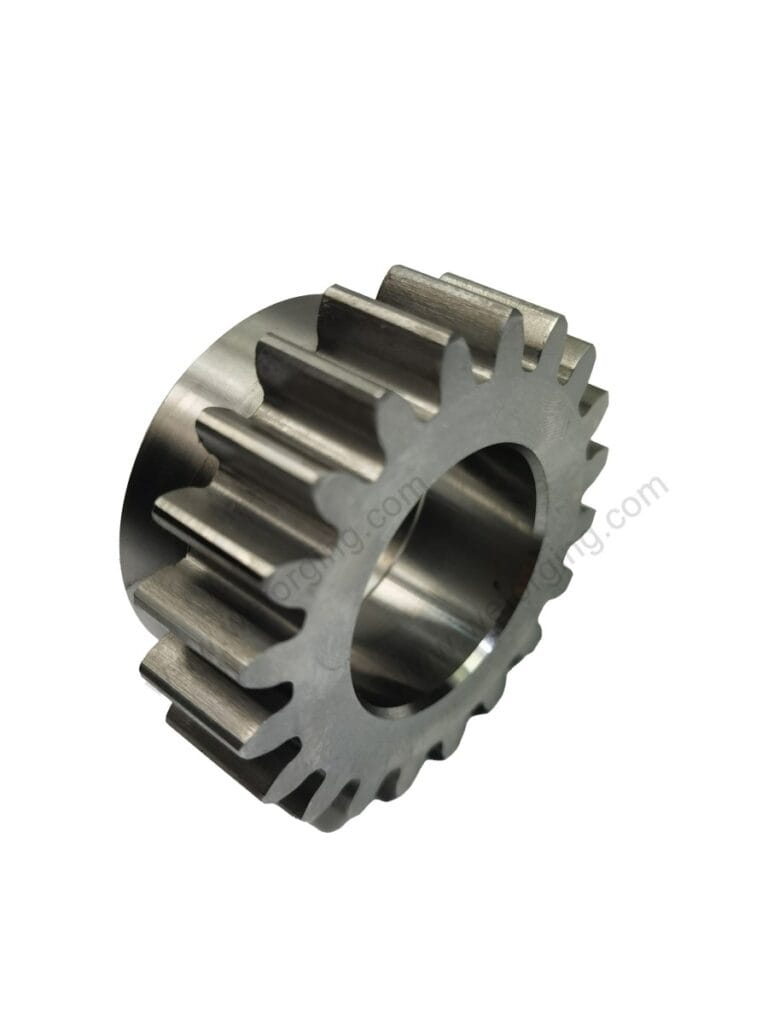 Precision-forged spur gear with machined tooth profile shown in angled view – Weforging