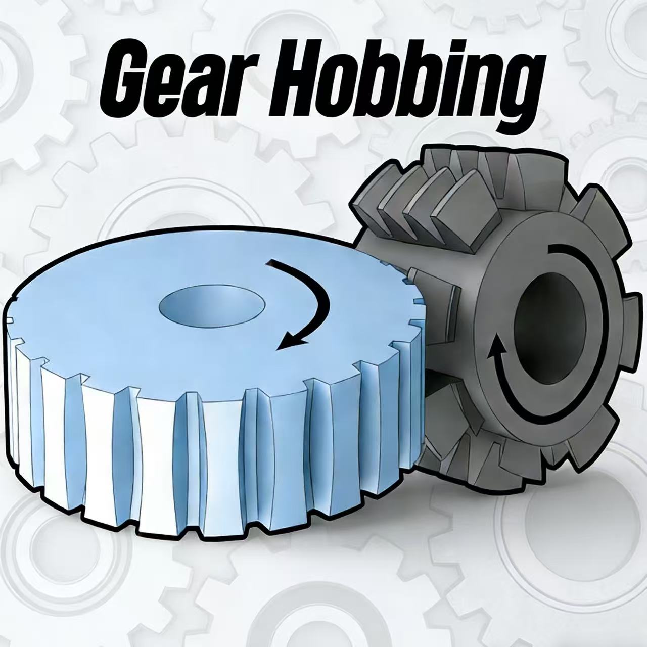 Gear hobbing process diagram showing continuous cutting of external gear teeth