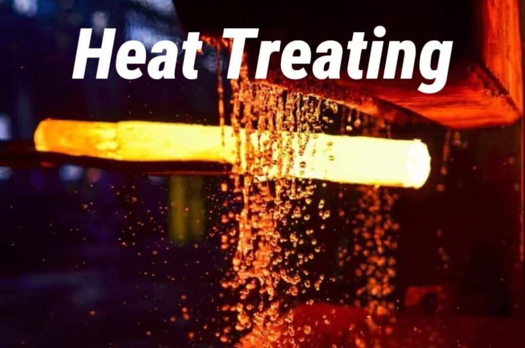 Red-hot metal bar undergoing quenching with water splashing during the heat treating process