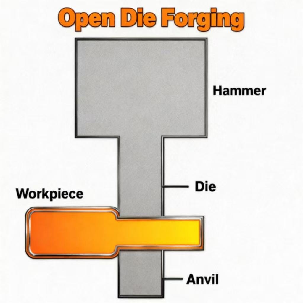 Open die forging process diagram showing hammer, die, anvil, and workpiece deformation