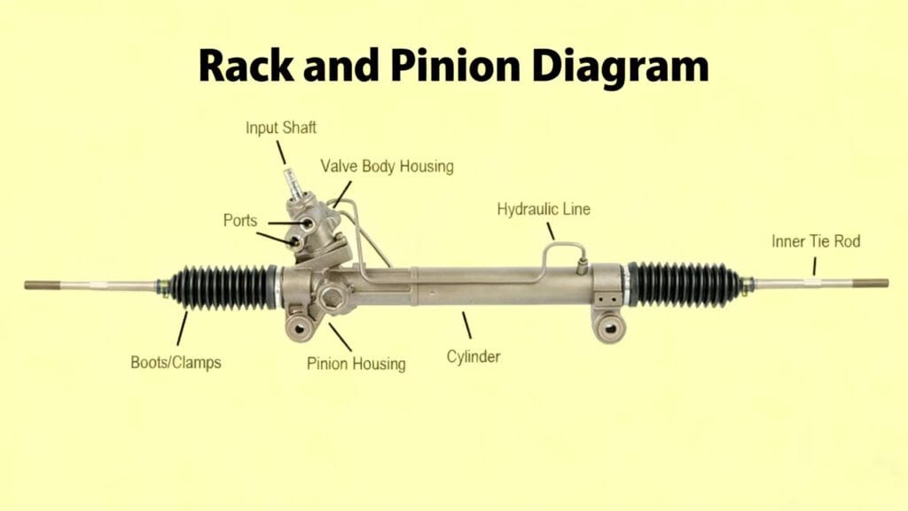 Rack and pinion steering system diagram showing pinion housing, input shaft, hydraulic lines, and tie rods – Weforging