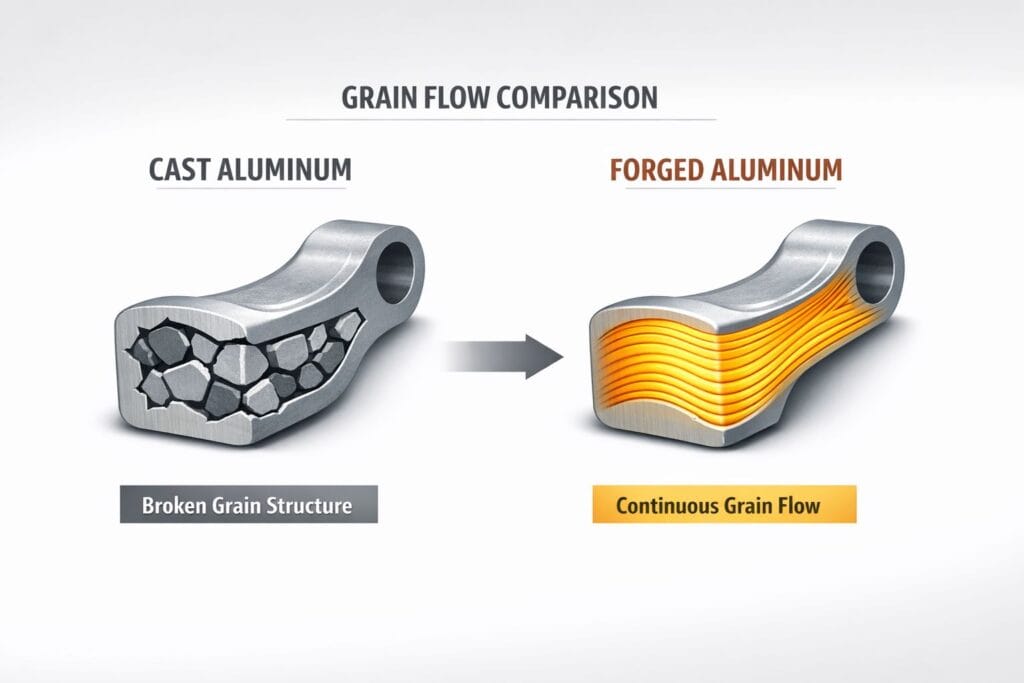 aluminium forging vs casting grain flow comparison showing forged aluminum continuous structure