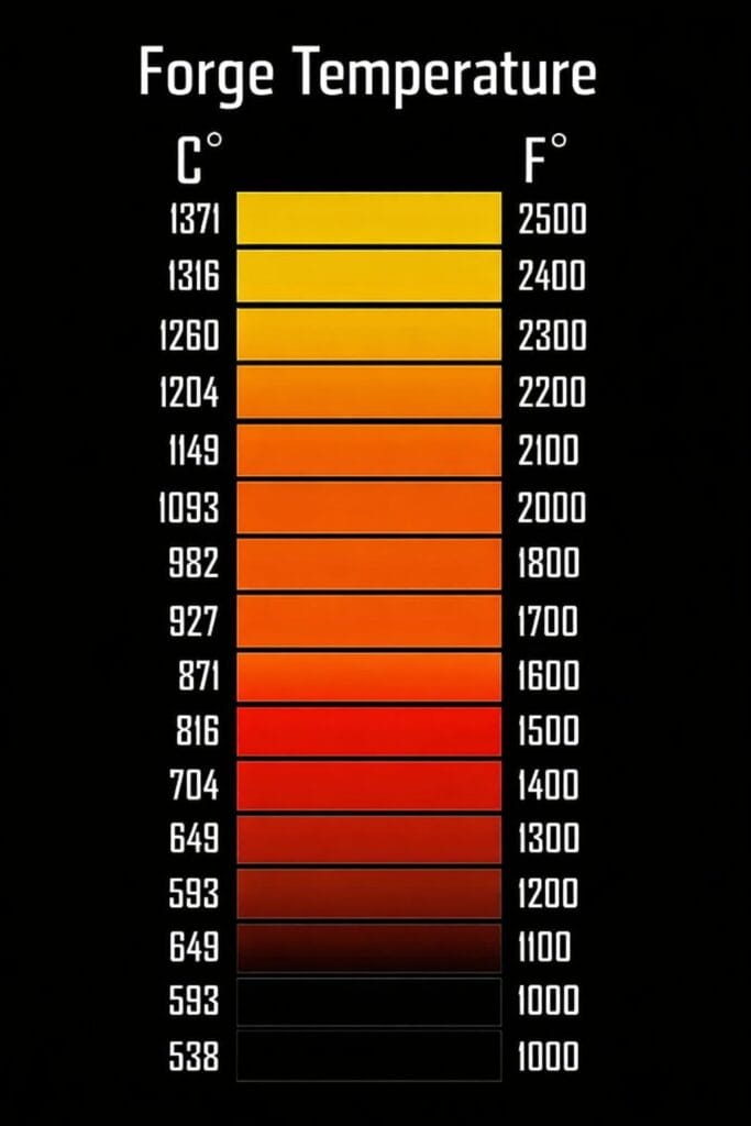 forging temperature color chart showing steel heating ranges from dark red to yellow used in hot forging