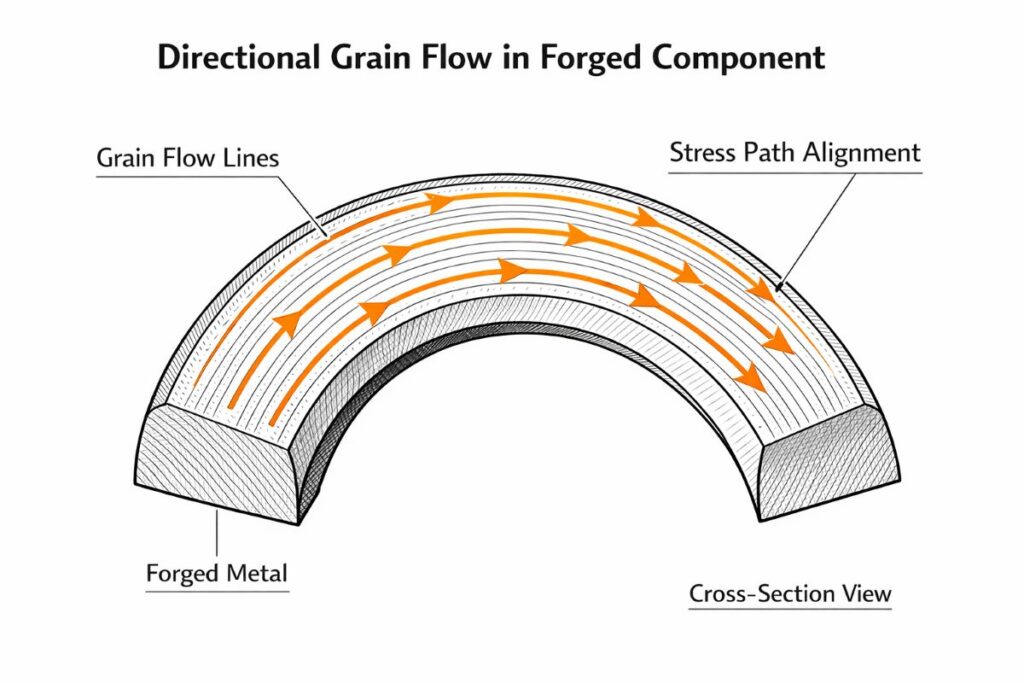 directional grain flow in forged component showing aligned stress paths