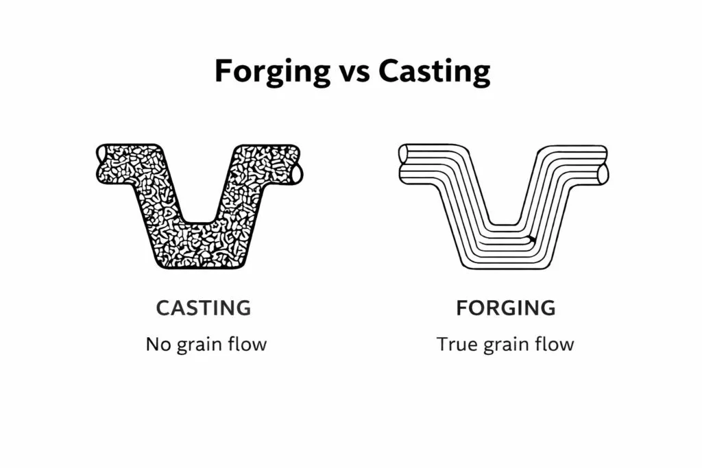 forging vs casting grain structure comparison showing directional grain flow and random cast grains