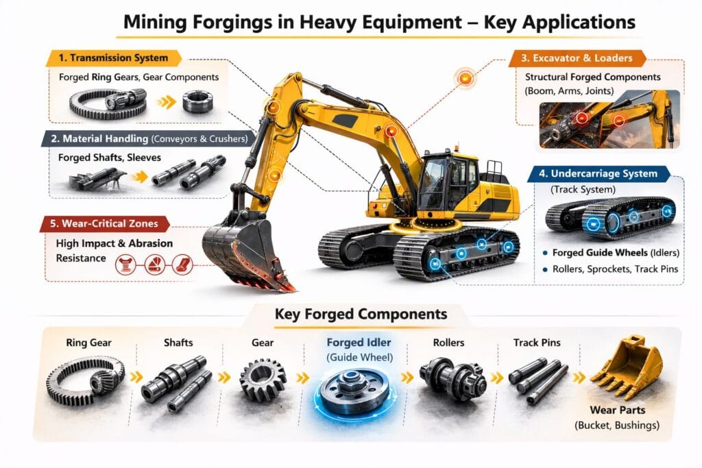 Mining forgings in heavy equipment showing key applications including ring gears, shafts, idlers, and wear parts by Weforging