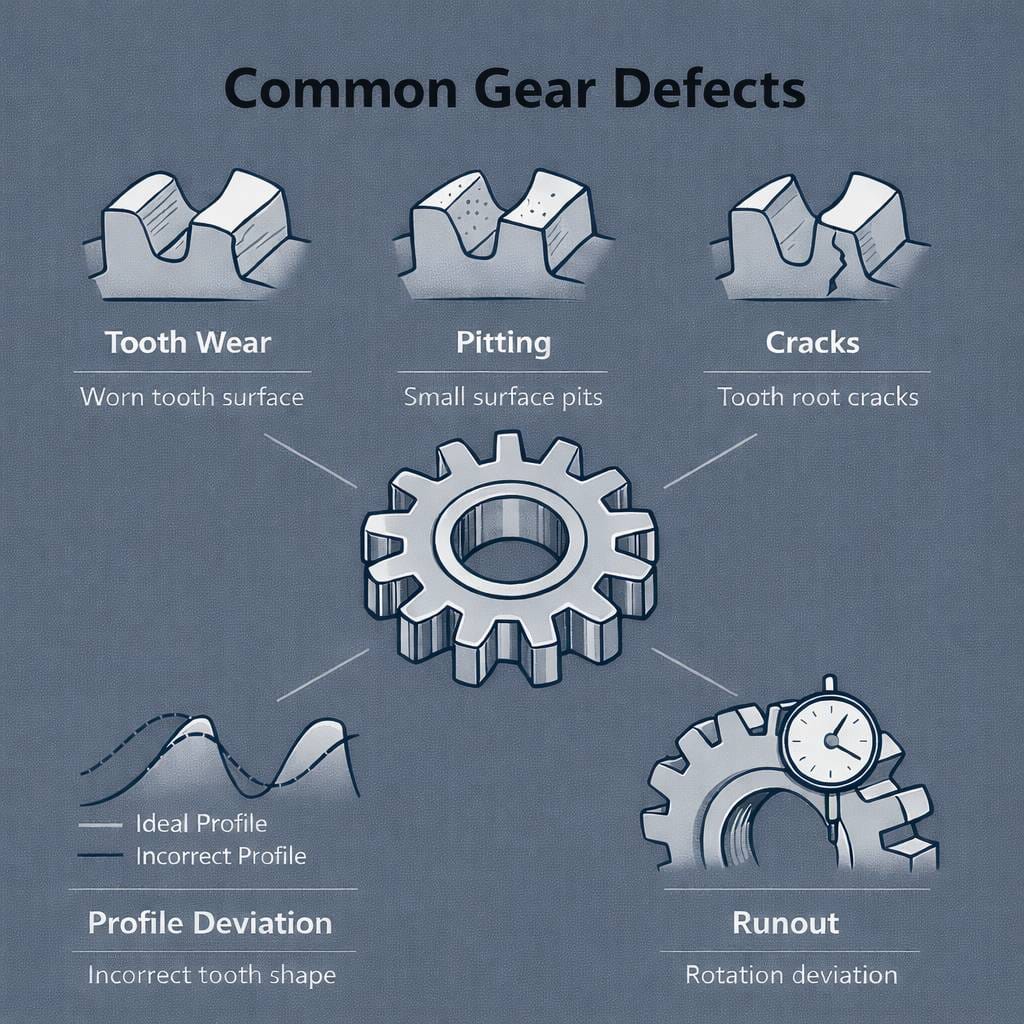 Common gear defects diagram showing tooth wear pitting cracks profile deviation and runout in gear inspection by Weforging