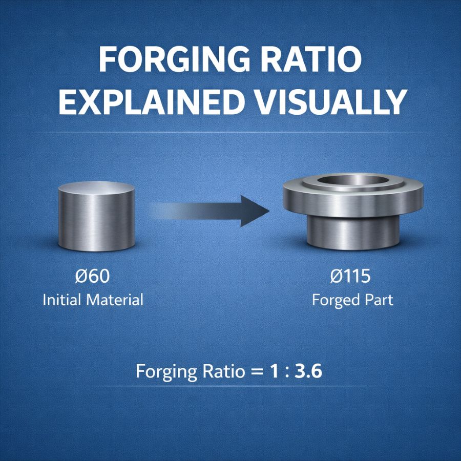 Forging ratio calculation showing deformation from initial material to forged part by Weforging