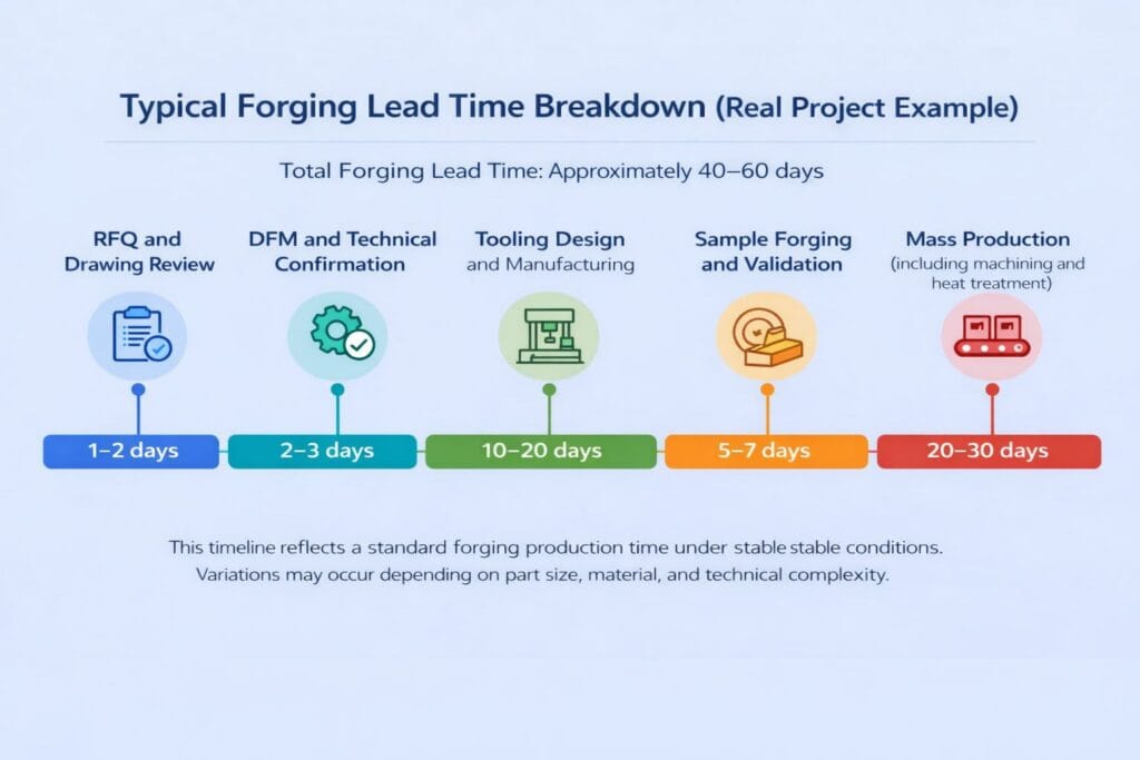 Forging lead time breakdown showing RFQ tooling sample and mass production timeline by Weforging