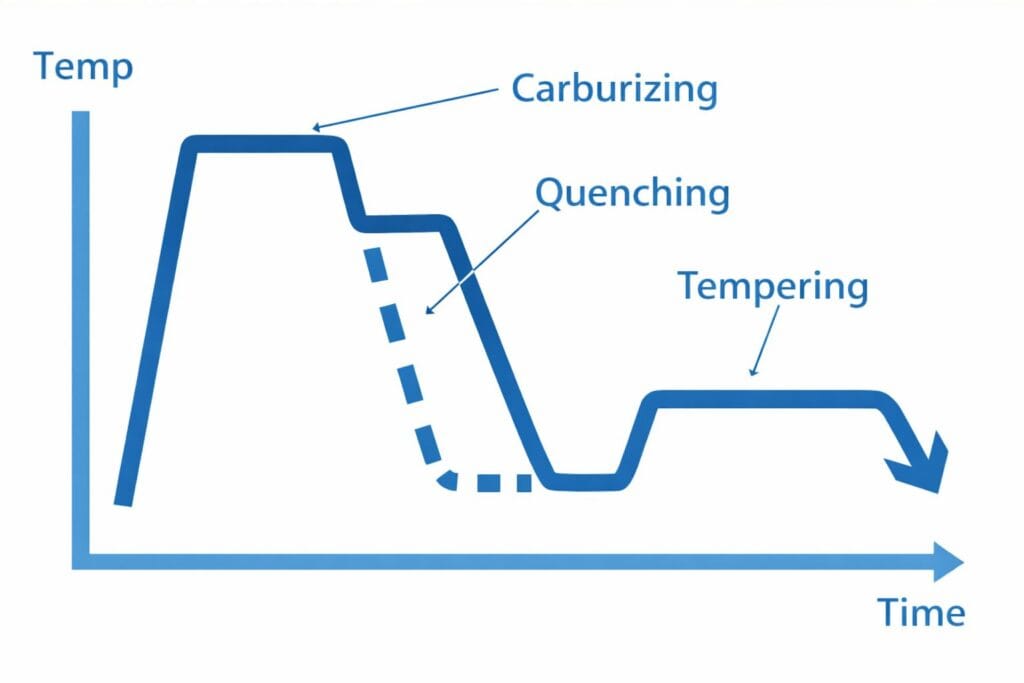 Gear heat treatment temperature curve showing carburizing quenching and tempering stages by Weforging