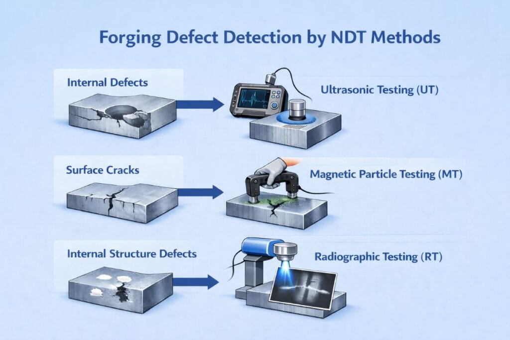 Forging defect detection using ultrasonic testing UT magnetic particle testing MT and radiographic testing RT by Weforging