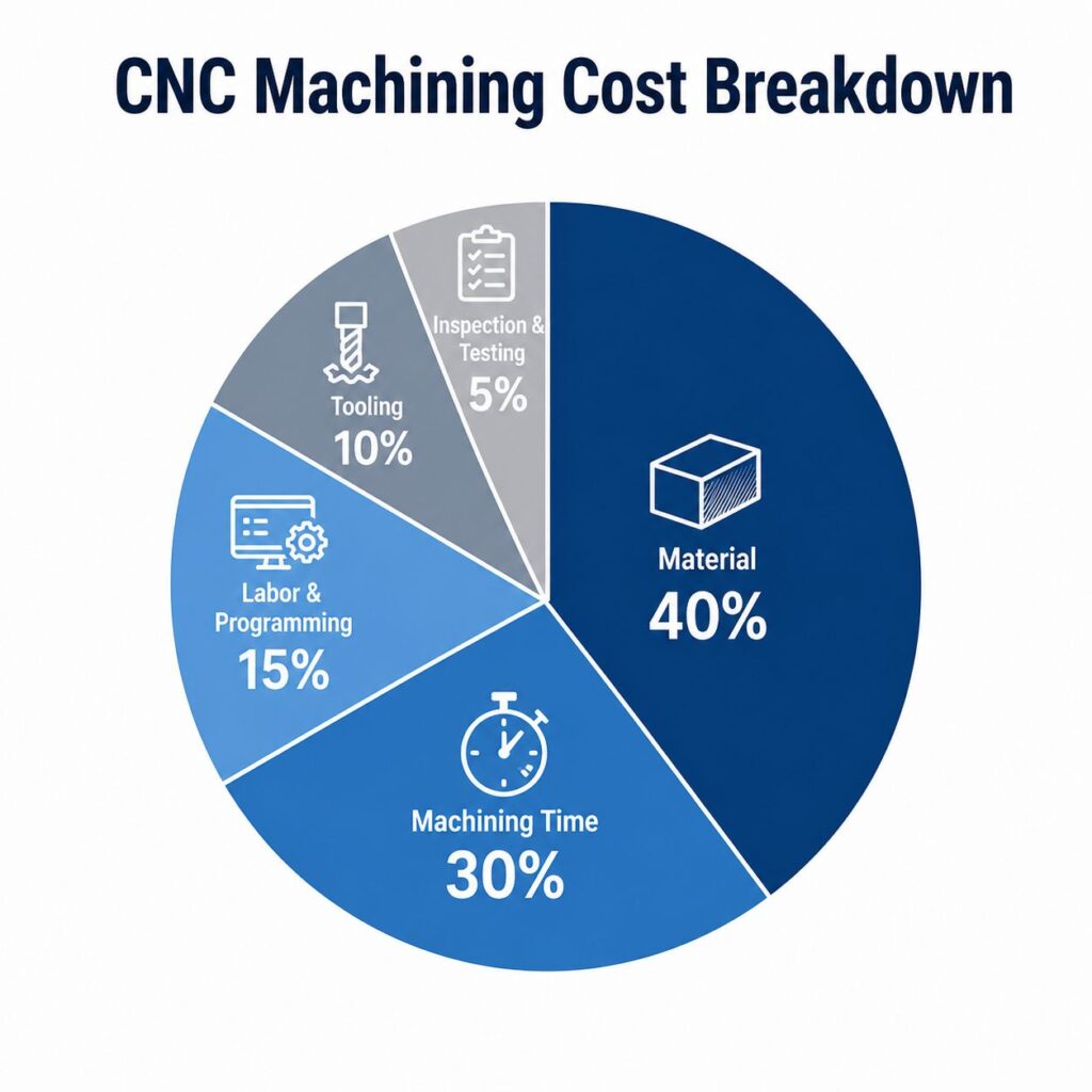 CNC machining cost breakdown pie chart showing material machining time labor tooling and inspection cost distribution