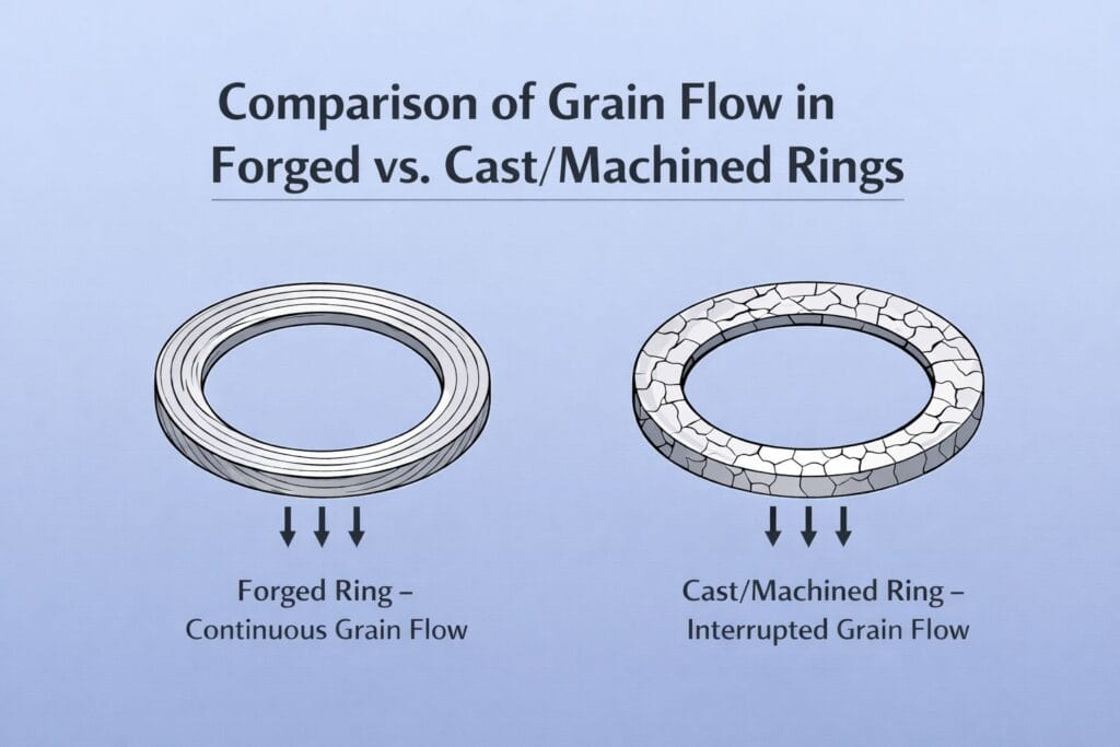 comparison of grain flow in forged vs cast and machined rings showing continuous vs interrupted grain structure