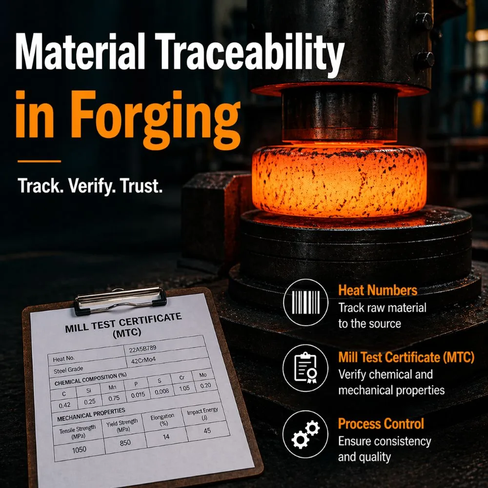 material traceability in forging showing heat numbers mill test certificate and process control by Weforging