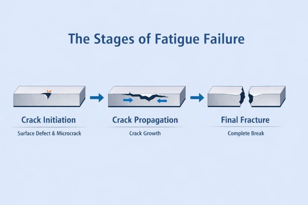 fatigue failure stages diagram showing crack initiation propagation and final fracture in forged steel components by Weforging
