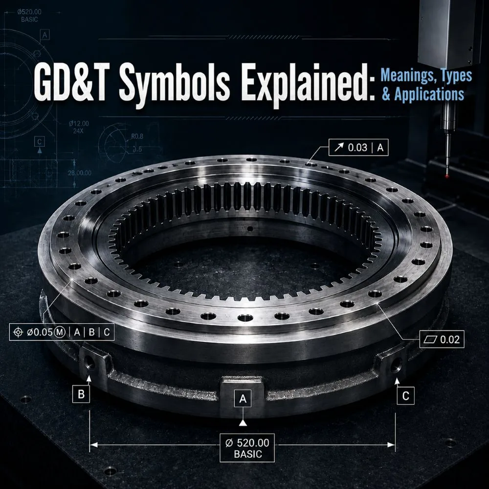 GD&T symbols displayed on a precision machined ring component to illustrate geometric dimensioning and tolerancing in engineering drawings