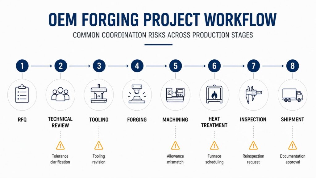 OEM forging project workflow showing coordination risks across tooling machining heat treatment inspection and shipment stages