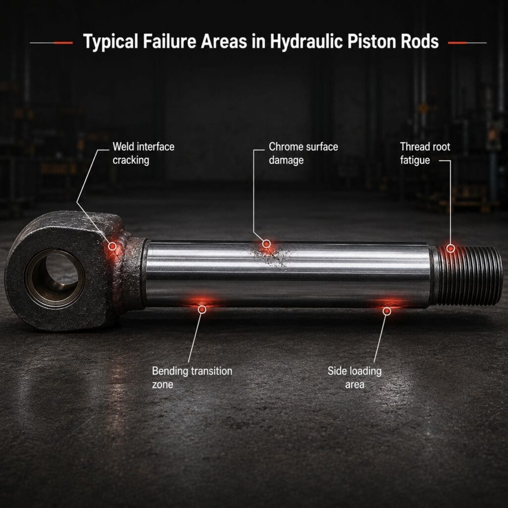 typical failure areas in hydraulic piston rods including weld interface cracking, thread root fatigue, and bending stress zones