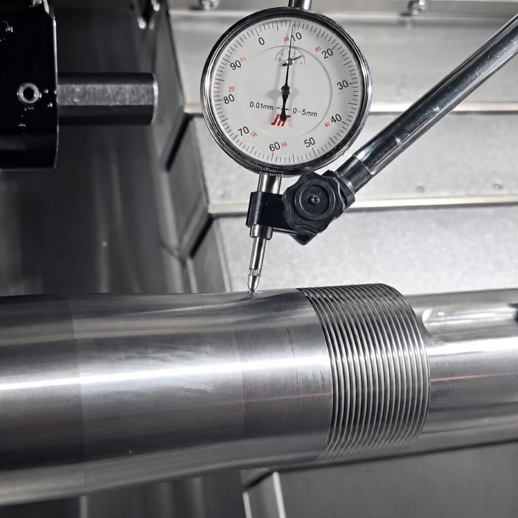 dial indicator runout inspection on precision machined shaft for concentricity and rotational accuracy