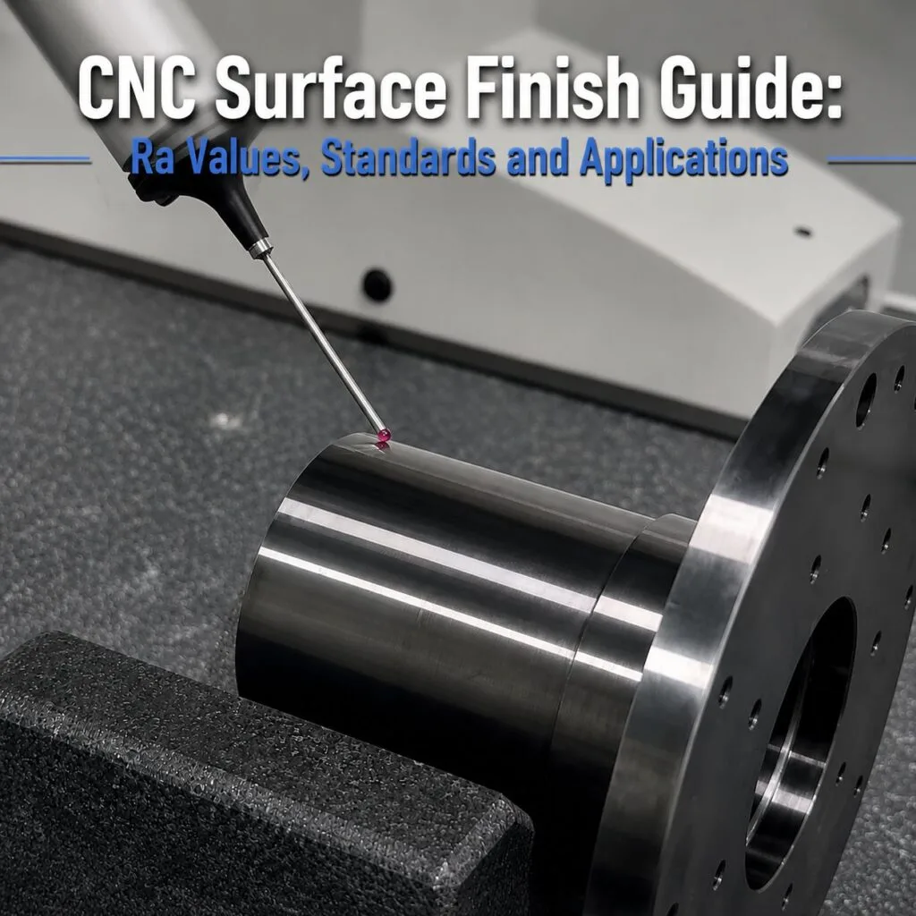 CMM probe measuring surface finish on a CNC machined component to verify Ra values, surface roughness, and machining quality