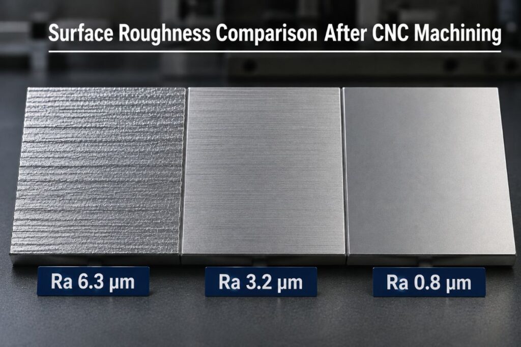 Surface roughness comparison after CNC machining showing Ra 6.3 μm, Ra 3.2 μm, and Ra 0.8 μm finishes