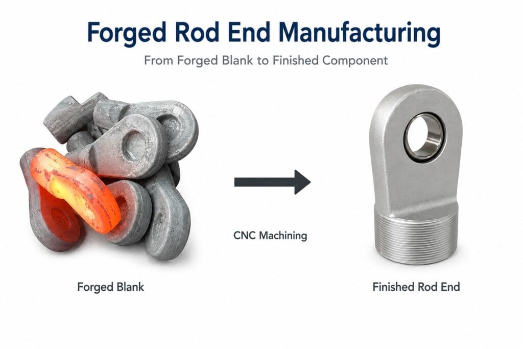 Forged hydraulic cylinder rod end manufacturing process showing forged blank and CNC machined finished rod end for OEM hydraulic systems
